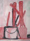 Painted clusters of tall red and black handles and sticks rising from white and pink containers, rendered with loose brushstrokes against a pale background.