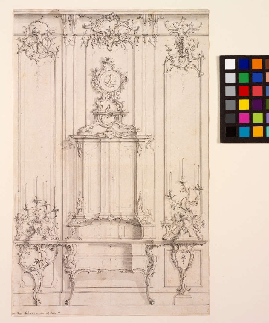 A pen and ink design plan for a Rococo interior corner containing a clock, bureau, table, and elaborate candelabra.