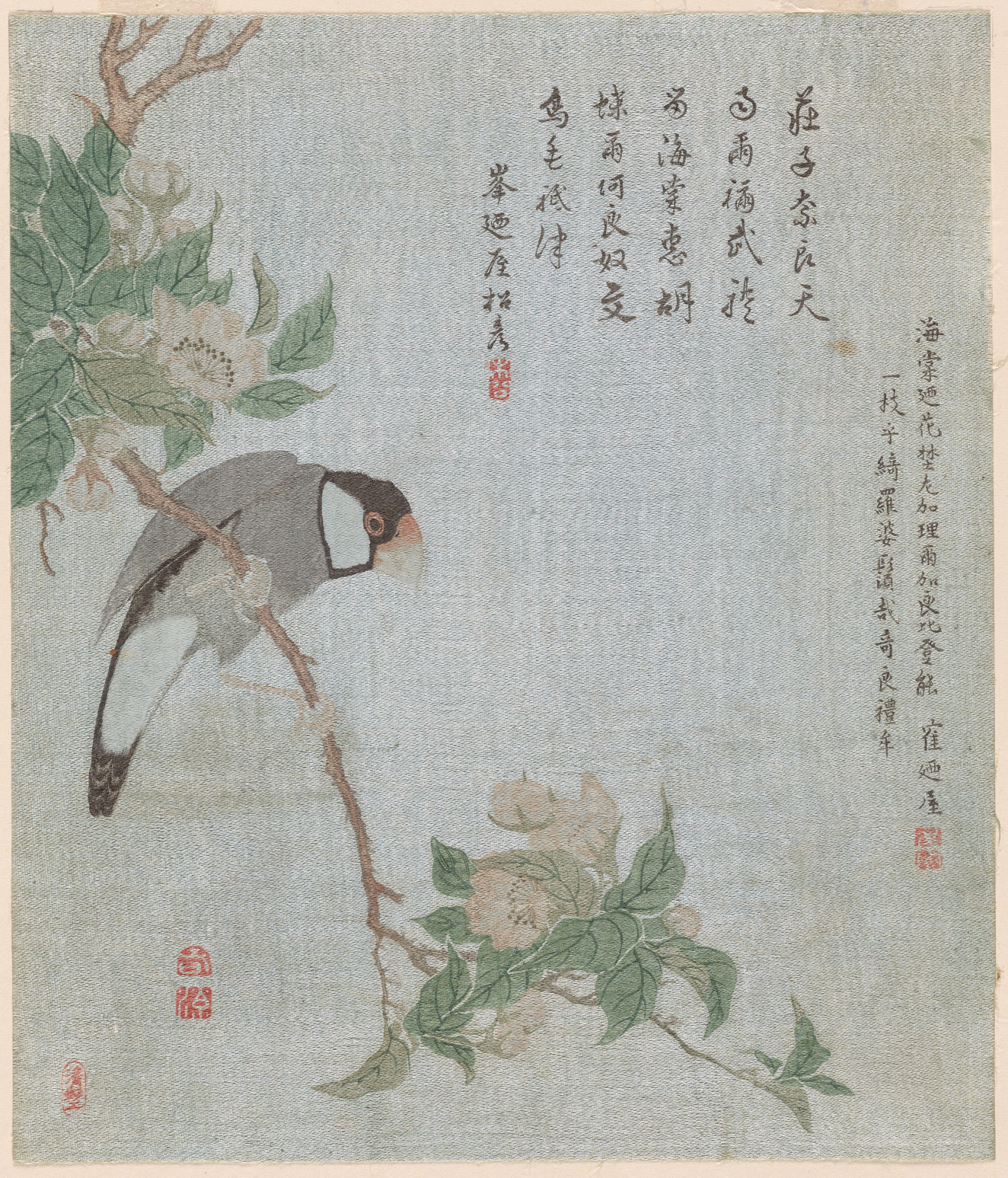 A black and white bird perched on a flowering branch with a blue background and columns of calligraphy.