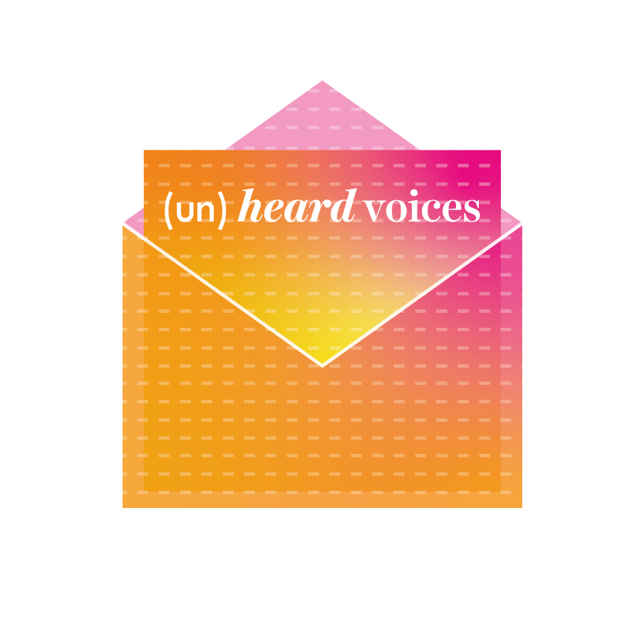 Open, digitally rendered envelope with a letter coming out. The envelope and letter are patterned with light dashed lines, and are a pink-orange-yellow gradient. Text on the letter reads "(un) heard voices.
