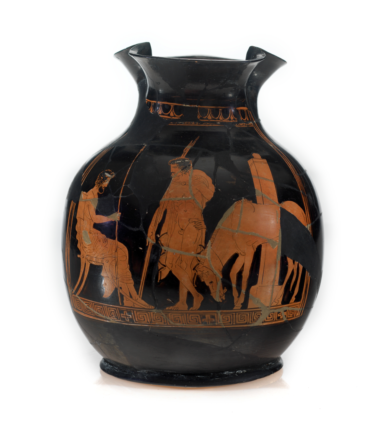 Round black vessel with a flared rim featuring orange illustrations of a man holding a spear besides a horse, who faces a seated man holding a staff above geometric ornamentation.