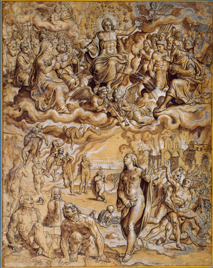 A drawing depicting the Last Judgement. Jesus and Saints are arranged across the top. Earthly figures below on earth are praying, either ascending to Heaven or being tortured by Devils.