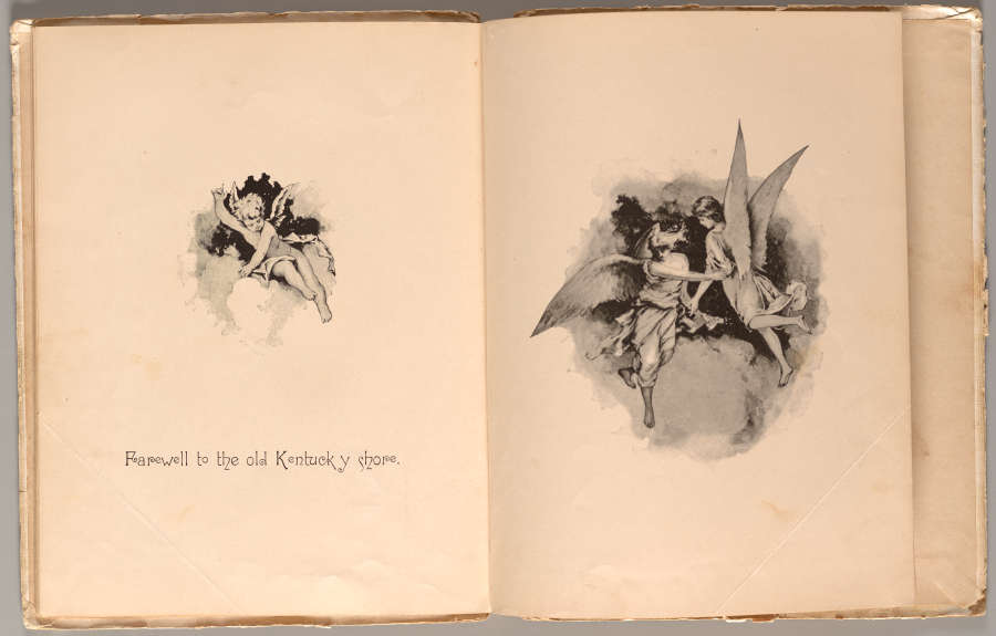 An aged open book with a small illustration of an angel above a poetic line on the left page and a larger illustration of two angels embracing on the right.