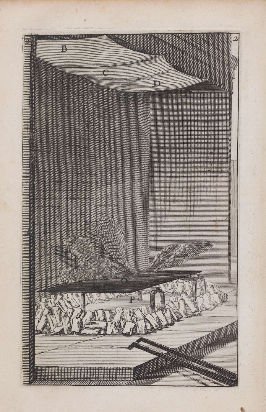 Etching of a drying arrangement showing feathers laid above stacked firewood beneath a draped canopy, with labeled letters marking each component.
