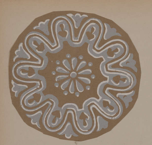 A brown circular design with a central flower surrounded by wavy forms, in gray and white.