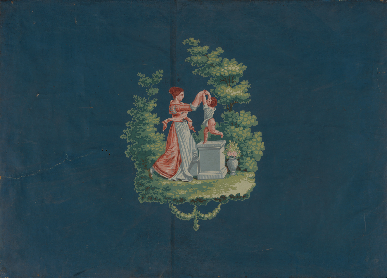 Fragment of a navy blue wallpaper depicting a garden scene of a lady in a red chiton dancing with a child standing on a white marble pedestal.