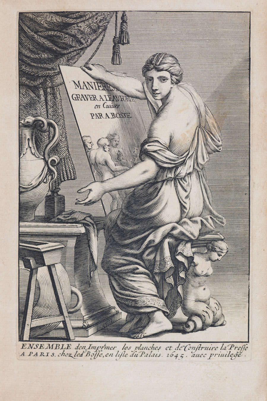 Etching of a robed figure holding a large engraved sheet, seated on a stool carved with a figure, turned halfway toward the viewer and gesturing beside a tall jar.