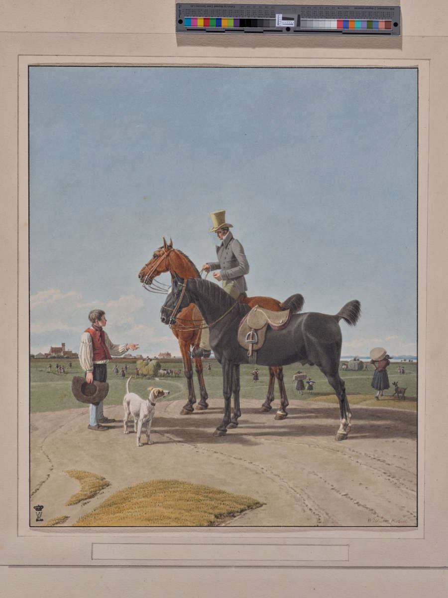 A watercolor of a dapper, light-skinned man atop a chestnut-colored horse, holding the reins of the black horse beside him. A dog and light-skinned boy before him expectantly.