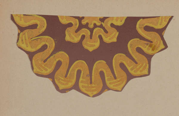 Ornate golden wave pattern with a central flora; motif on a deep red brown background.