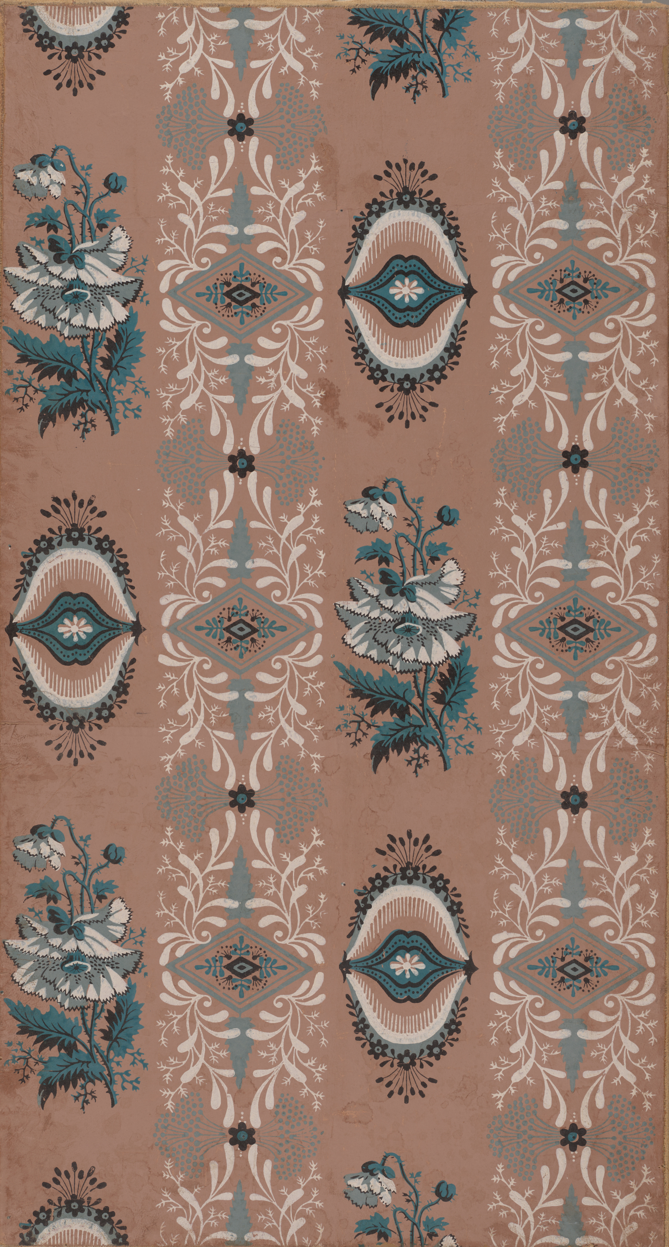 Wallpaper featuring alternating vertical stripes of poppies and ornamental floral motifs in a palette of blue, white, and taupe.