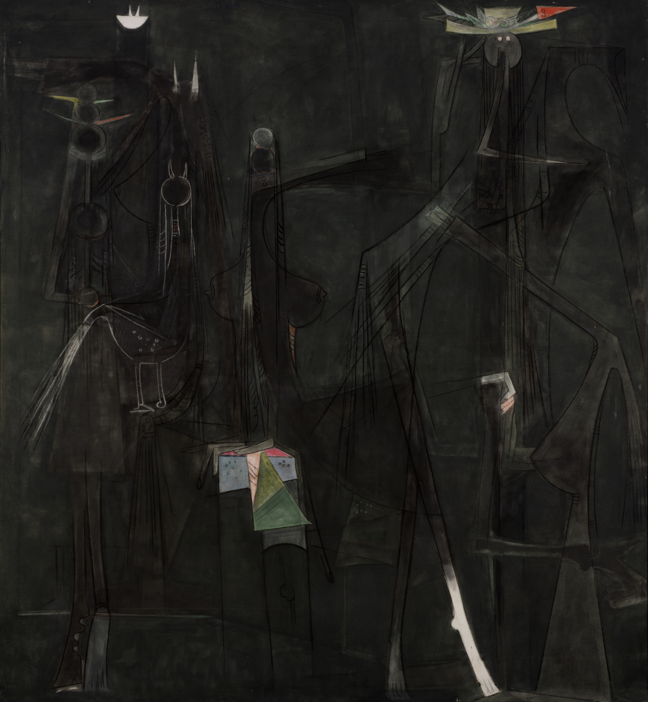 A black-toned painting with ominous abstract, elongated forms, faint linear details, small geometric white details, and a small cluster of green, blue, and red color. 