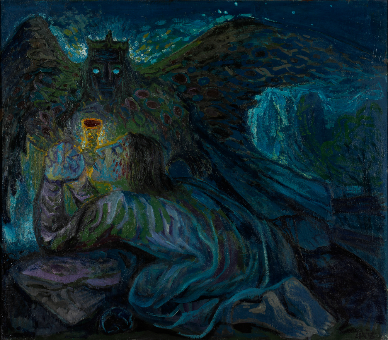 A dramatic, blue toned night scene depicting an angelic figure with outstretched wings, looming above a kneeling person with hands clasped in prayer.