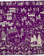 Detail from a purple and white embroidered textile depicting scenes along a trade route, such as sailing ships, laborers and scenes of leisure.