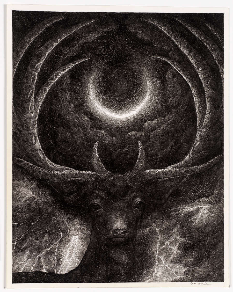 An inky black drawing of a deer with enormous antlers, which frame and mirror a crescent moon. Beneath the antlers and behind the deer, dramatic lightning illuminates the scene.