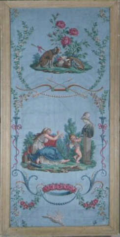 Blue floral wallpaper with a woman in elaborate dress and outstretched arms towards a winged baby in front of a head statue. Above, two brown dogs are impaled by arrows.