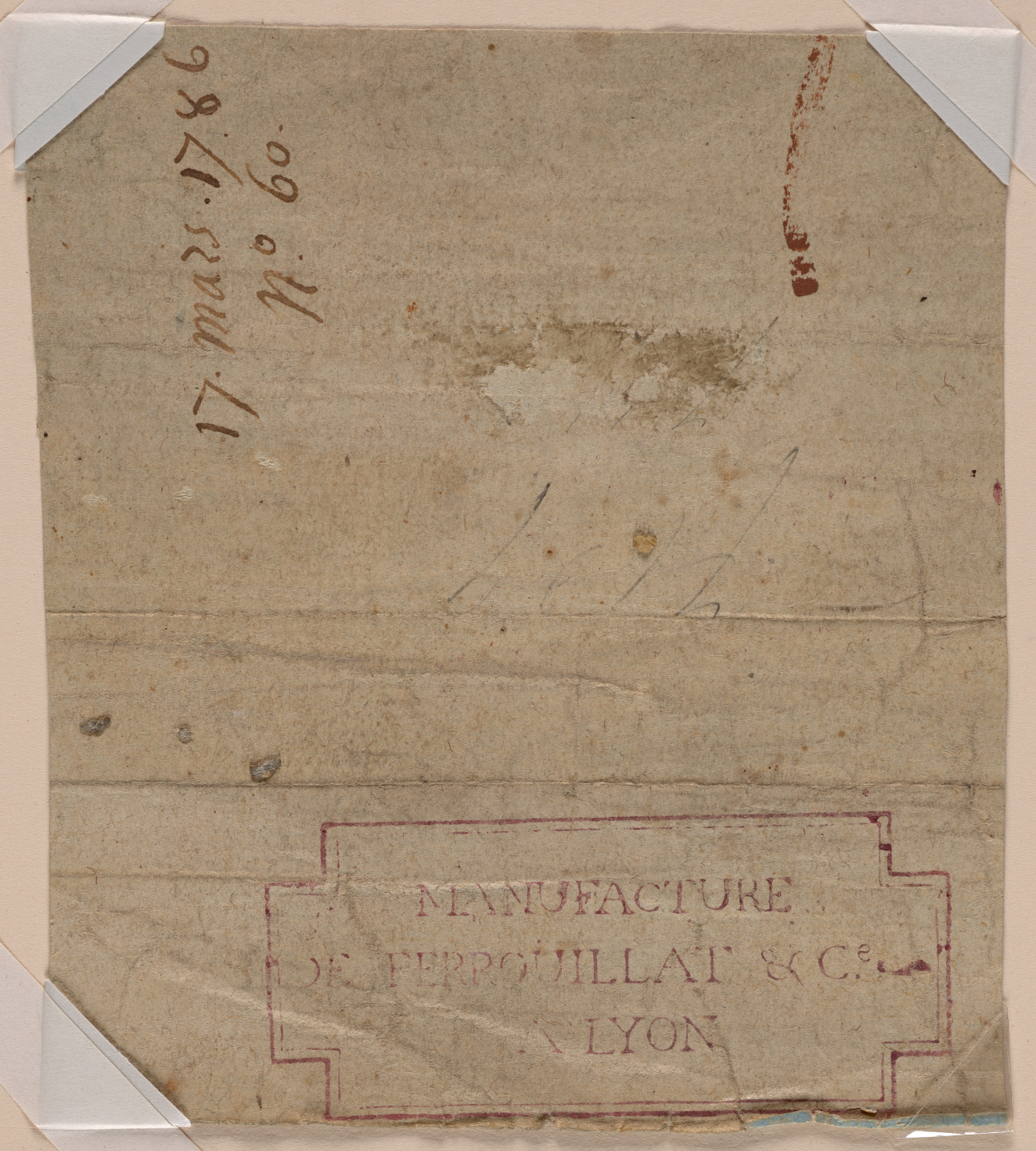 Tan sheet of paper with various pencil marks and stains, brown handwritten text on the top left reading “17 mass 1786 np. 60,” and a red stamp on the lower right side that reads “manufacture de Ferrouillat and co. Lyon.”