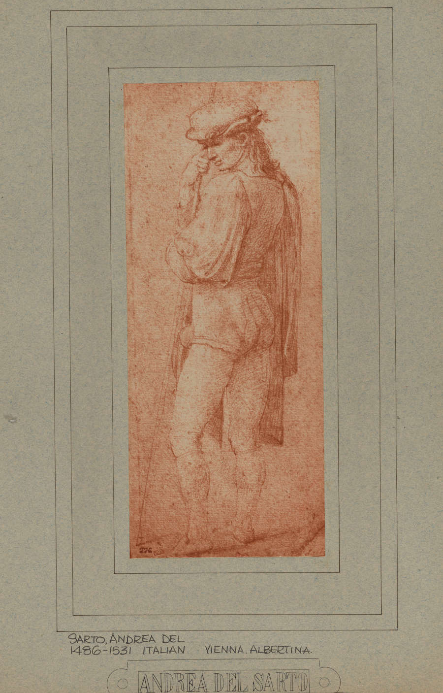 A reddish brown drawing of a standing figure in Renaissance attire standing thoughtfully, seen from the back at an angle.