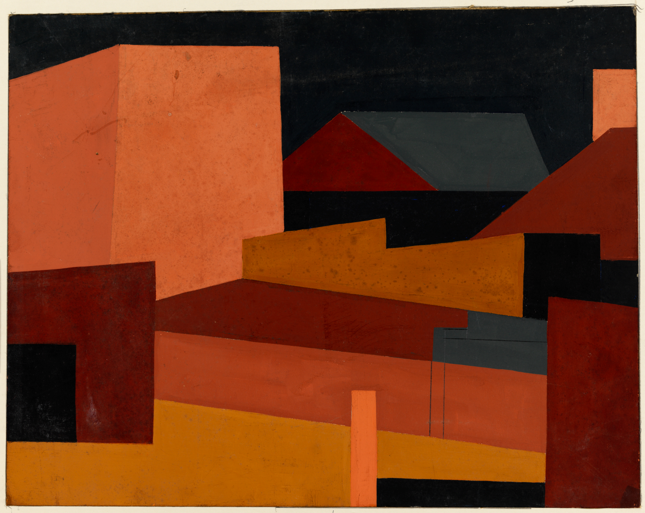 A composition of overlapping geometric blocks in solid reds, oranges, and golds against a navy sky, resembling an abstract cityscape. 