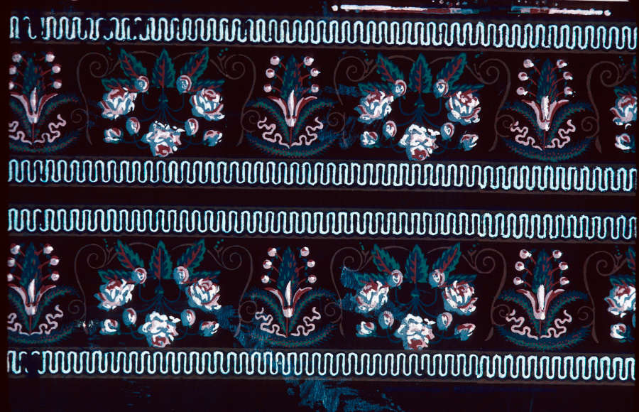 Aged, black moody wallpaper with repeating rows of two floral motifs, made out of various sized white flowers with pink cores, green leaves, and a winding white lined blue border.