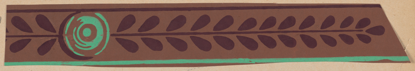 Brown horizontal strip on a neutral backdrop. Features a darker colored symmetrical leafy stem and a green circular motif left of center bordered by green and dark lines.