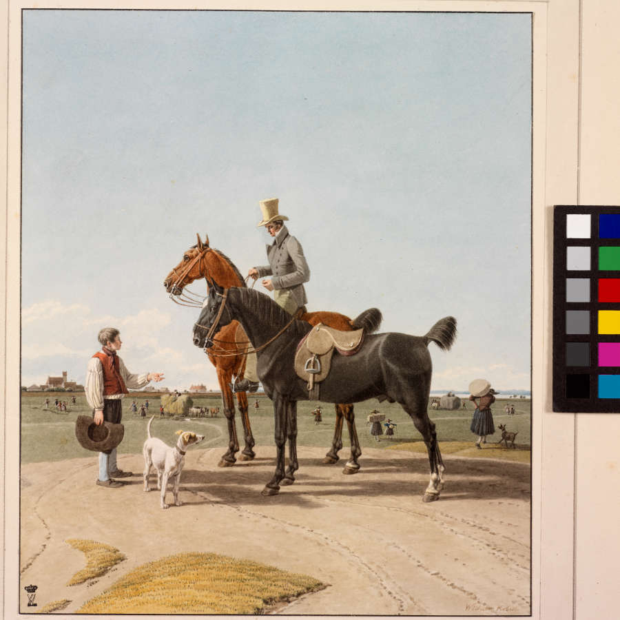 A watercolor of a dapper, light-skinned man atop a chestnut-colored horse, holding the reins of the black horse beside him. A dog and light-skinned boy before him expectantly.